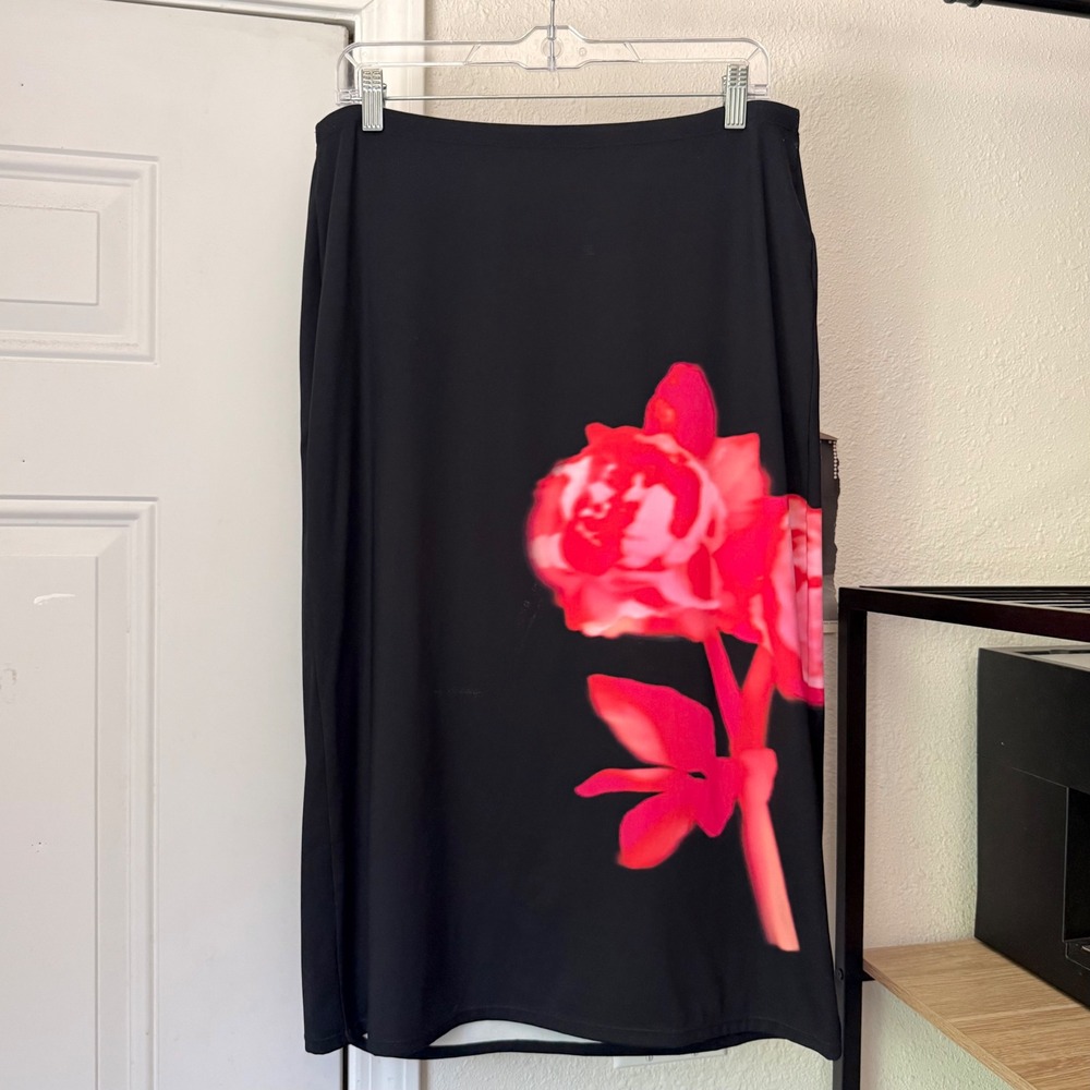 KHY‎ black knit floral graphic nylon knit pull on midi skirt